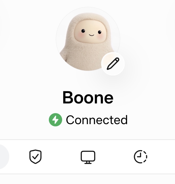 A Meta Muse profile named Boone, a small fuzzy character marked Connected, with a pencil icon for editing the name