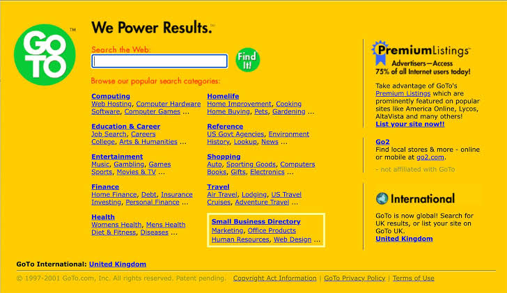 The GoTo.com homepage circa 2000, a bright yellow page with a search box and a Premium Listings panel advertising paid placement