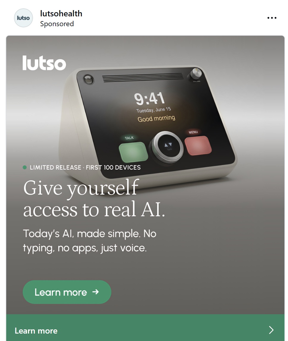 Sponsored Instagram ad for a lutso voice assistant device reading Give yourself access to real AI