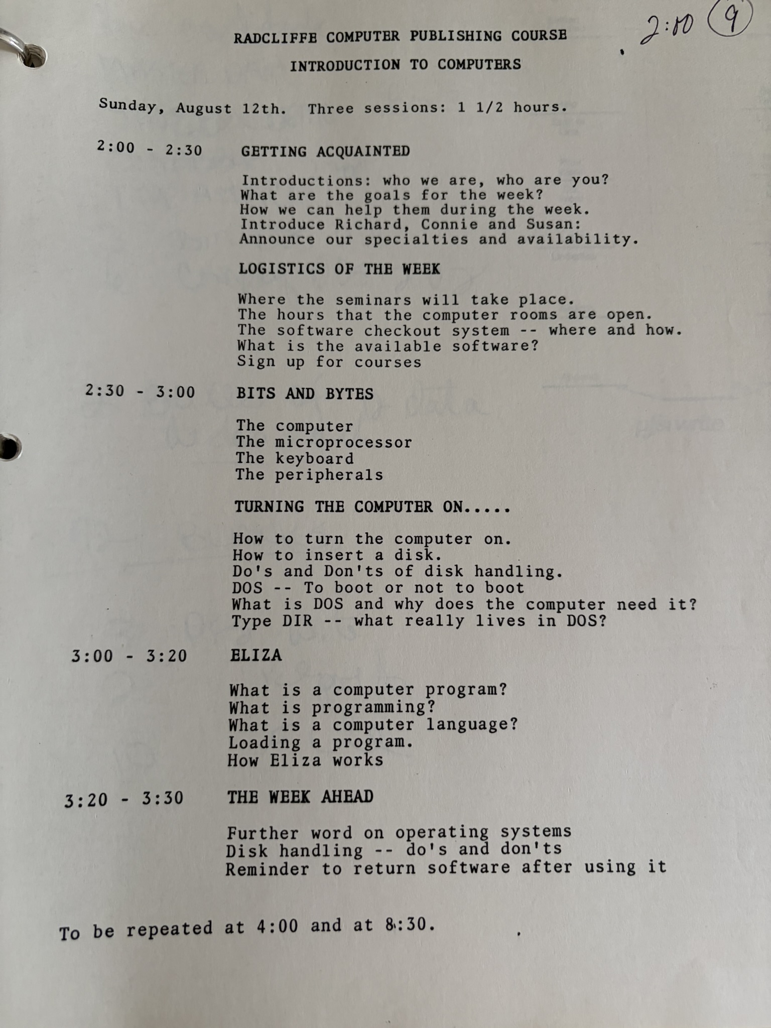 A 1984 Radcliffe Computer Publishing Course syllabus, Introduction to Computers, including an ELIZA session